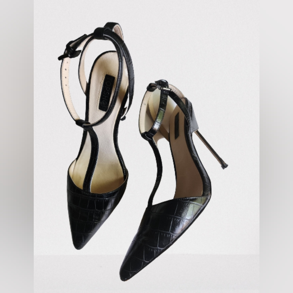 Topshop Black Croc t-strap metal stelleto heels Size 6.5 37